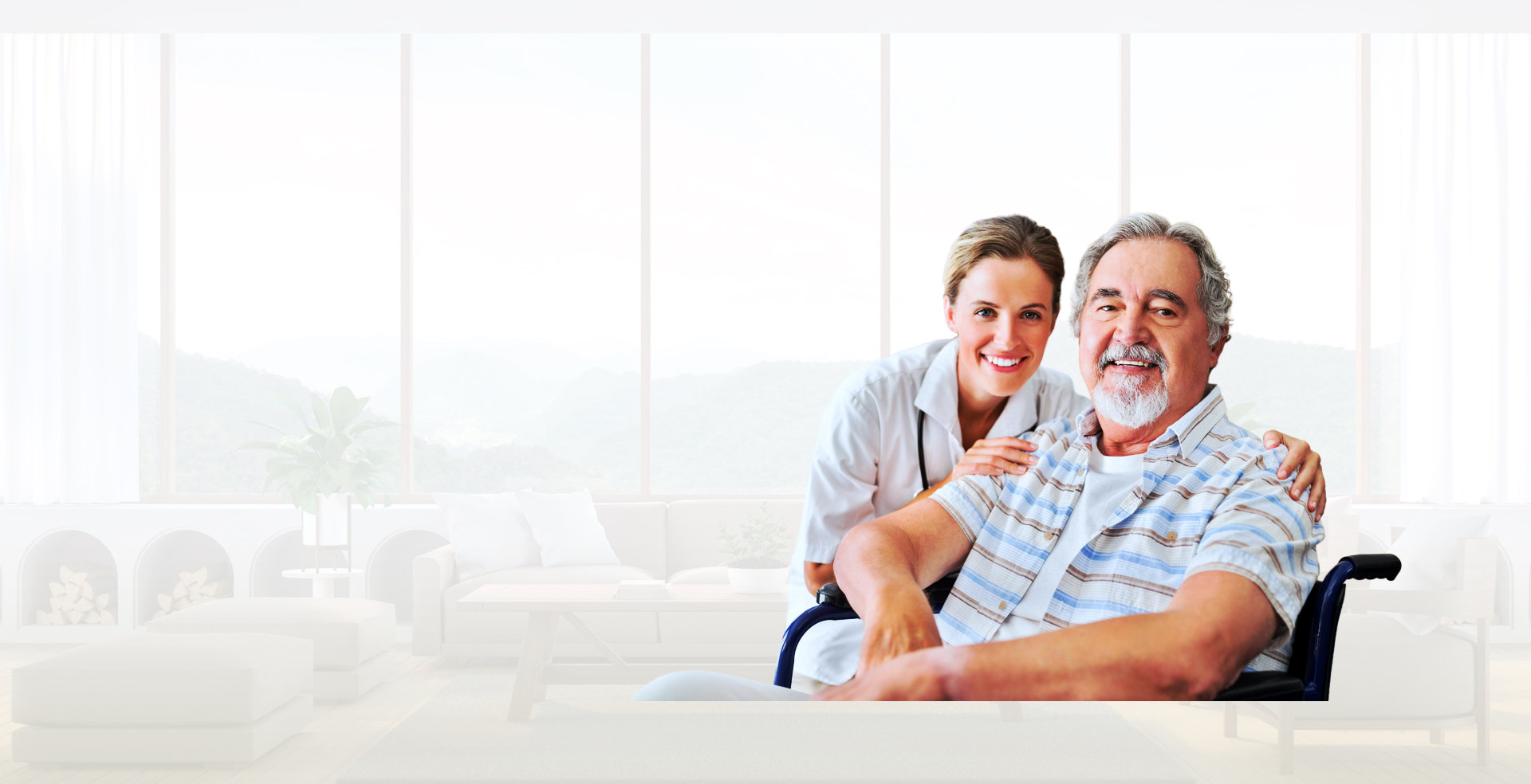 elder man on wheelchair and staff smiling