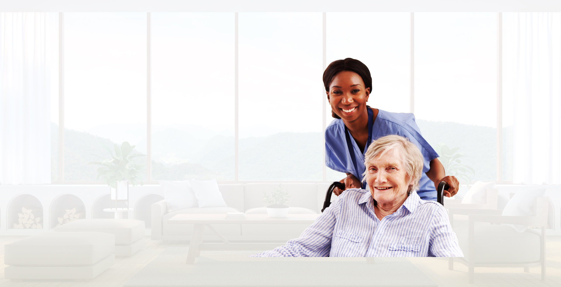 elder woman on wheelchair assisted by caregiver