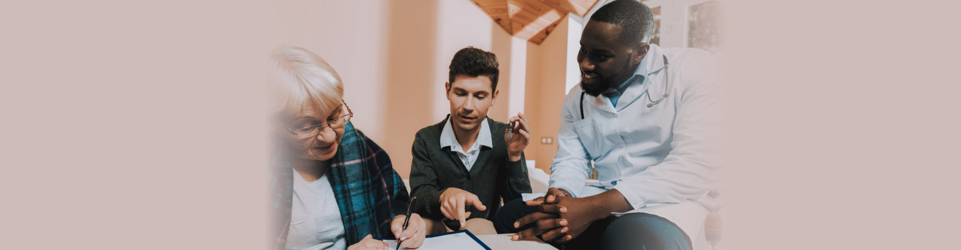 senior woman wrting on the book with two man